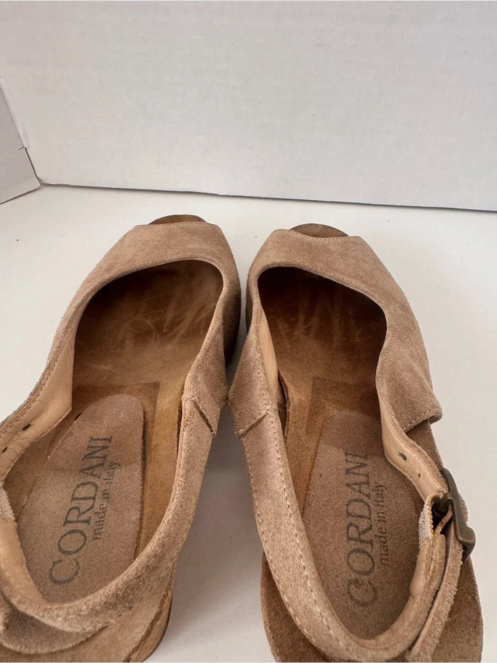 Cordani Italy Tan Suede Peep Toe Slingback Cork Wedge Sandals Size 40 US 9.5